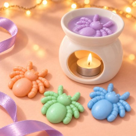 Wax melts araignées d’Halloween près d’un brûle-parfum allumé