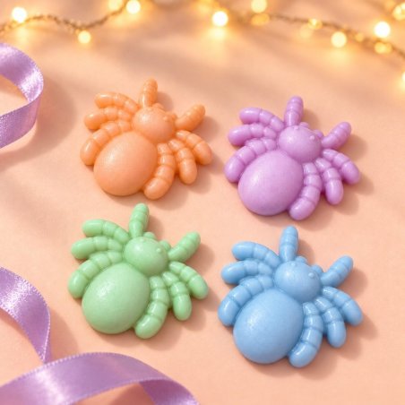Quatro figuras de aranhas de Halloween em cores pastel