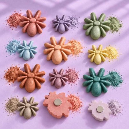 Aranhas coloridas com pigmentos e ímanes visíveis no verso de duas figuras