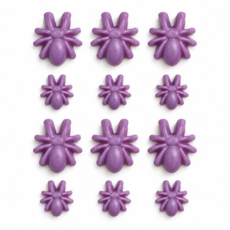Douze figurines violettes d’araignées d’Halloween sur fond blanc