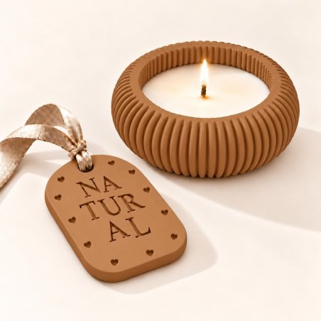 Porta-velas e placa aromática de gesso em castanho caramelo com fita bege