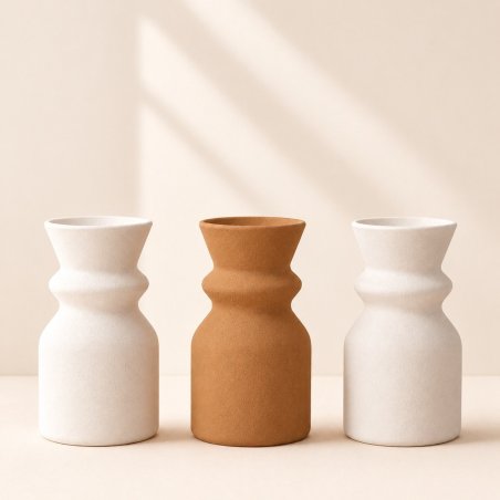 Vase brun caramel entre deux vases blancs, exemple de plâtre coloré