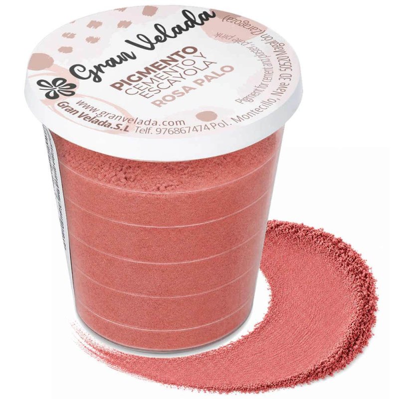 Pigment rose poudré pour ciment et plâtre, pot avec échantillon de couleur