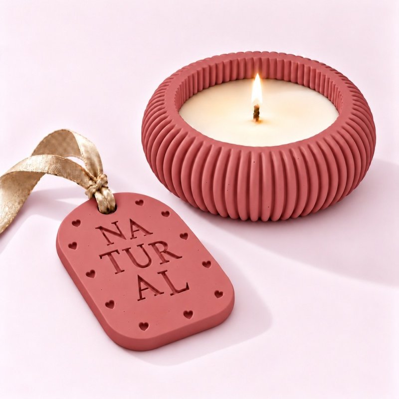 Porta-velas e placa aromática de gesso em rosa velho com fita bege