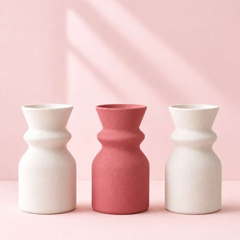 Jarra rosa velho entre duas jarras brancas, exemplo de gesso colorido