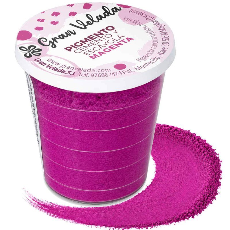 Pigment magenta pour ciment et plâtre, pot avec échantillon de couleur
