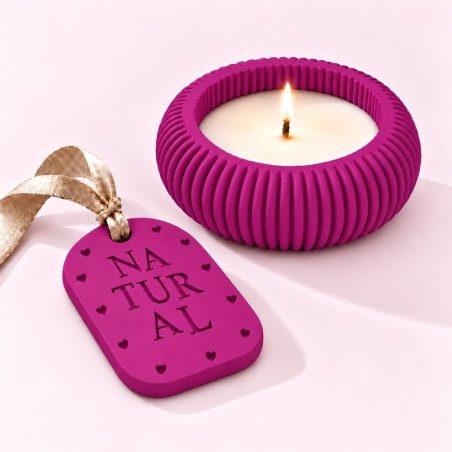 Bougeoir et plaque parfumée en plâtre magenta avec ruban beige