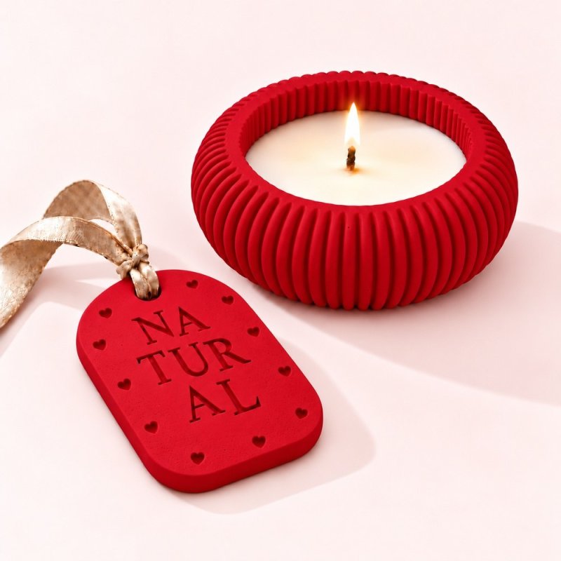 Portavelas y placa aromática de escayola en rojo puro con cinta beige