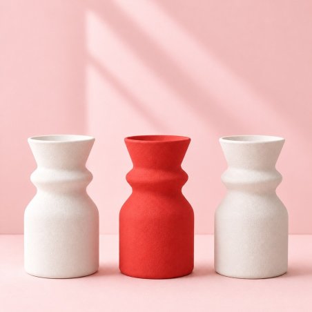 Vase rouge fraise entre deux vases blancs, exemple de plâtre coloré