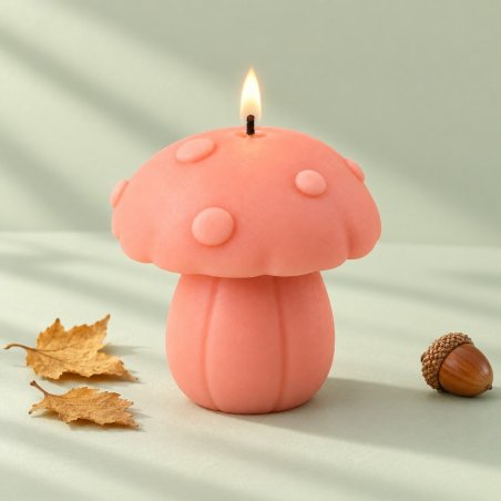Vela acesa em forma de cogumelo coral junto a folhas de outono e uma avelã