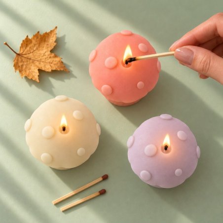 Trois bougies champignons corail, crème et lilas vues du dessus