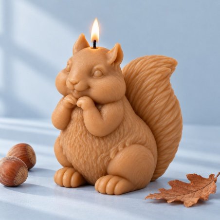 Vela acesa em forma de esquilo castanho junto a avelãs e folhas de outono