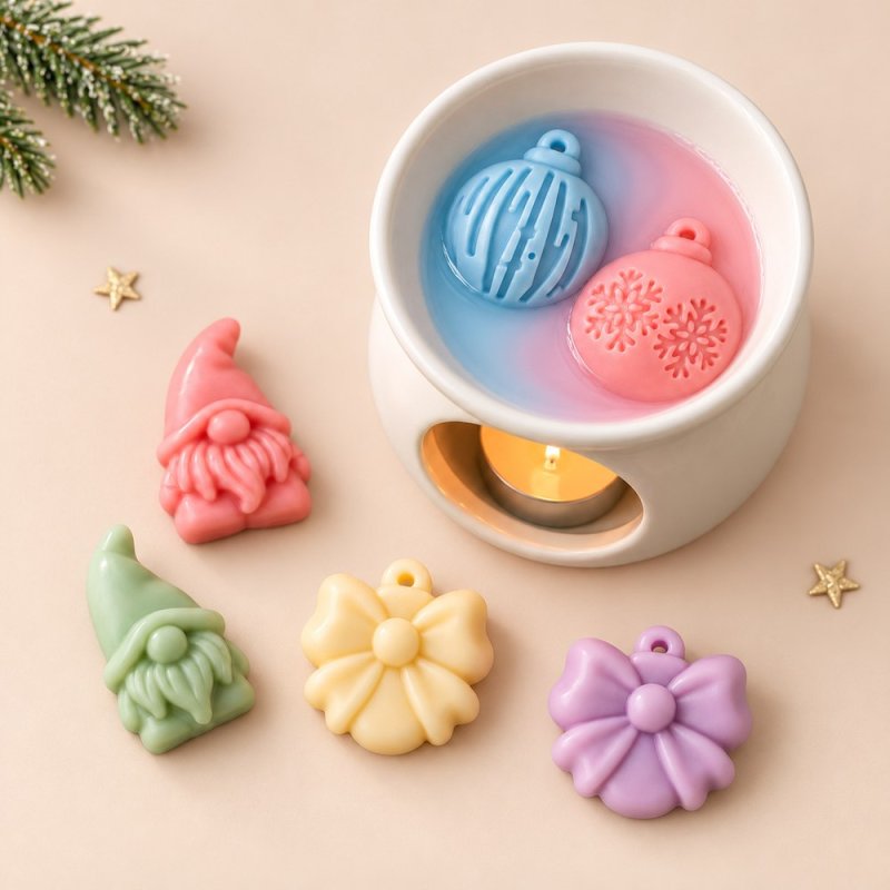 Wax melts de gnomos, flores y bolas de Navidad junto a un quemador de esencias