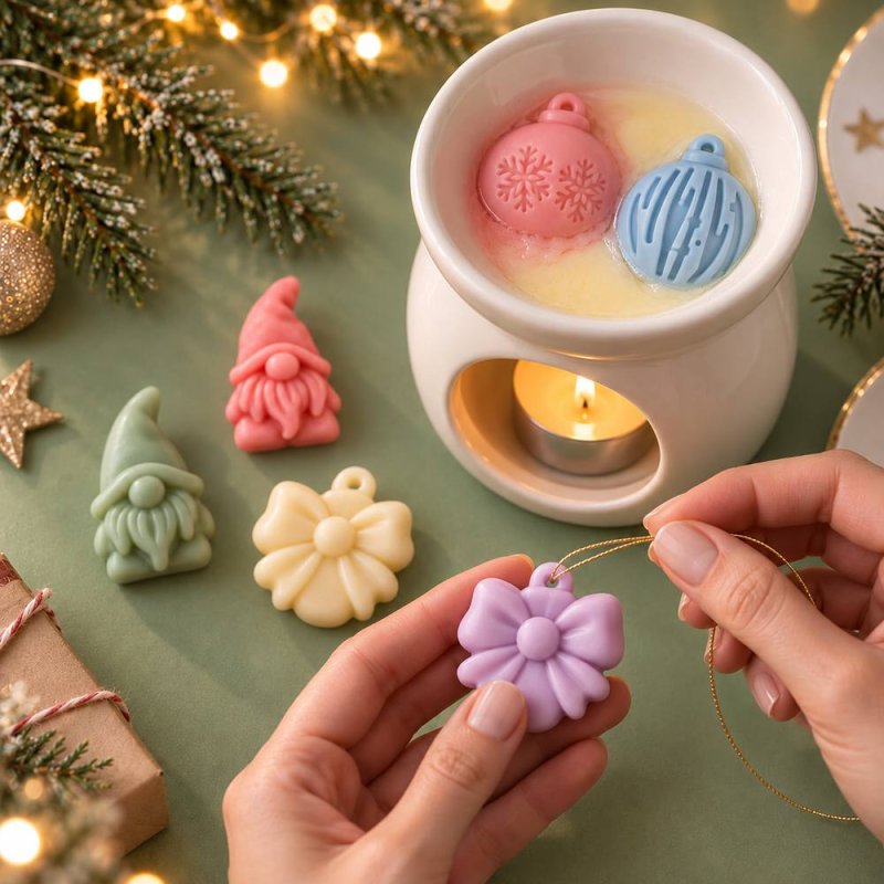 Manos sosteniendo una flor de wax melt junto a gnomos, bolas navideñas y quemador de esencias