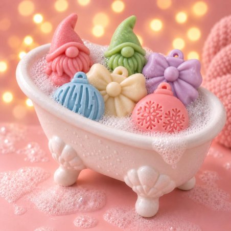 Seis jabones de gnomos, flores y bolas navideñas en una bañera decorativa con espuma