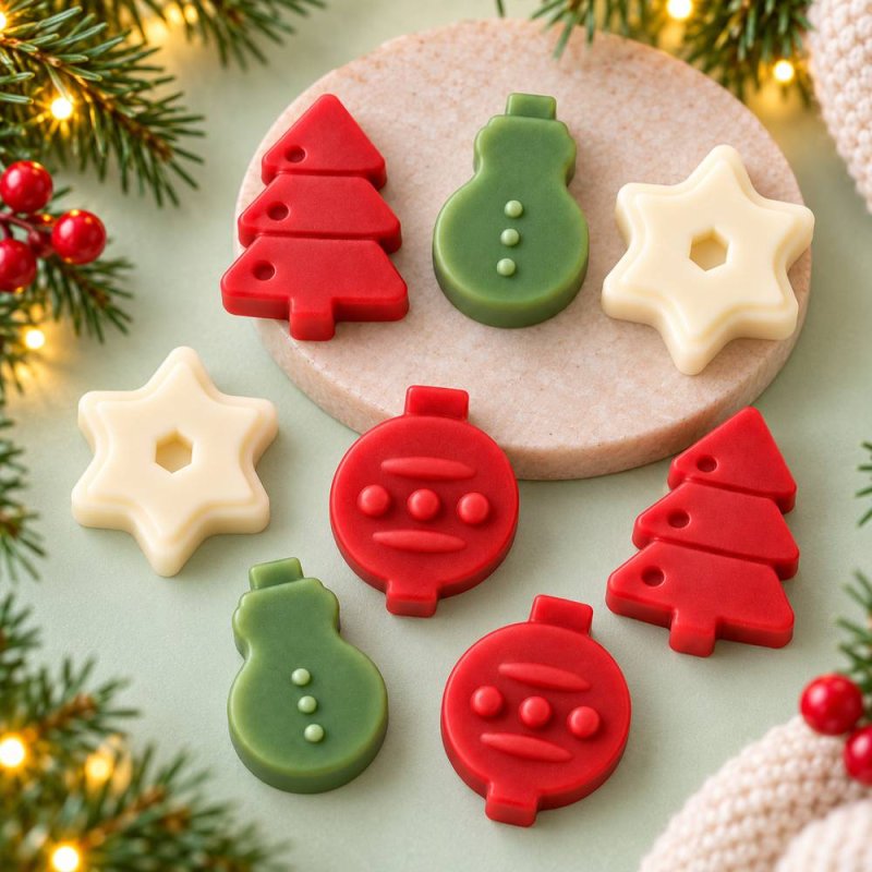 Ocho figuras navideñas de wax melts sobre una superficie con decoración de Navidad
