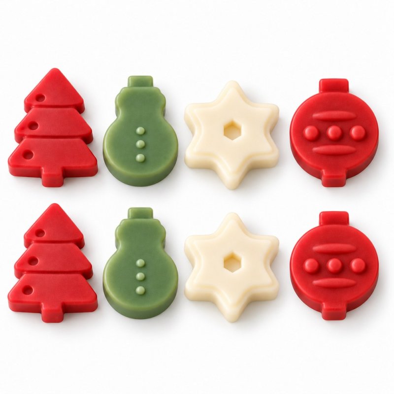 Ocho figuras de wax melts: árboles, muñecos de nieve, estrellas y bolas sobre fondo blanco