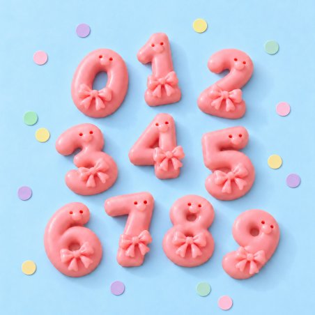 Figuras rosas de los números del 0 al 9 con lazos sobre fondo festivo con confeti