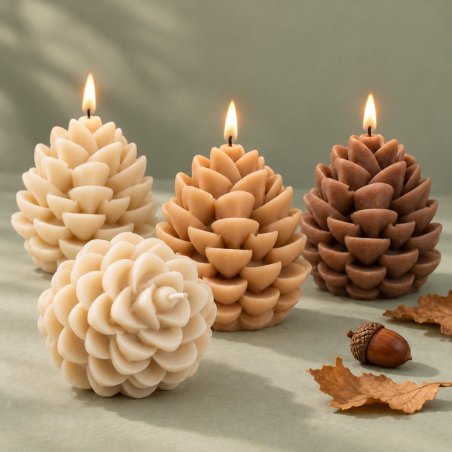 Velas con forma de suculenta en tonos crema, caramelo y marrón con decoración otoñal