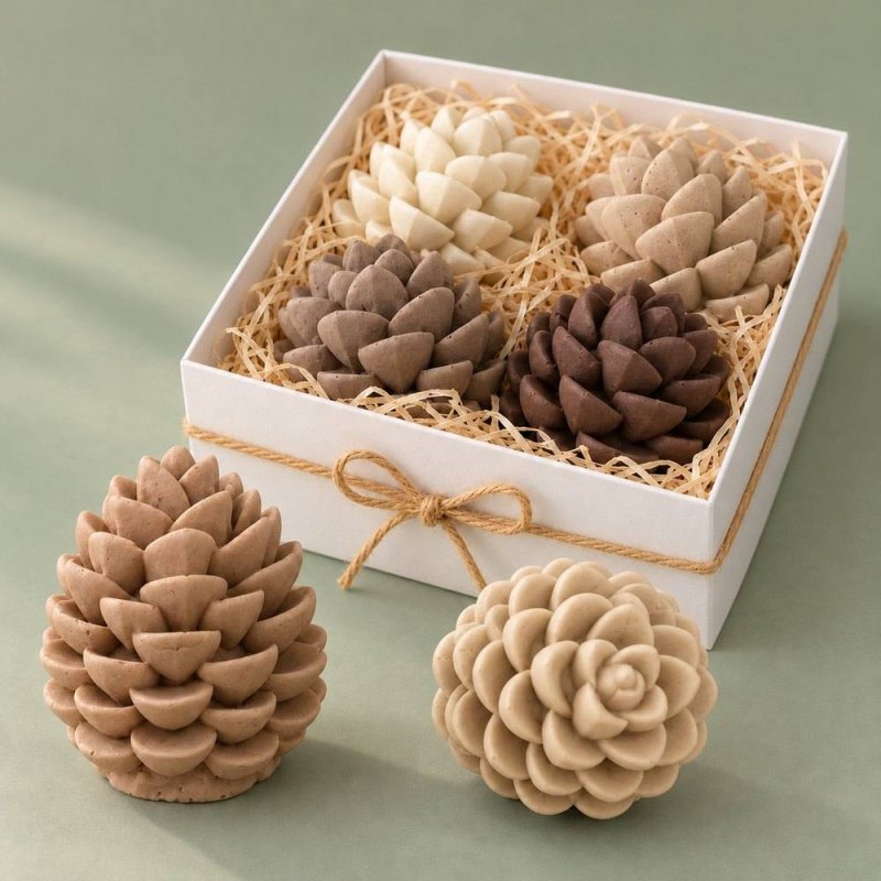 Figuras de suculentas en tonos naturales presentadas en una caja de regalo