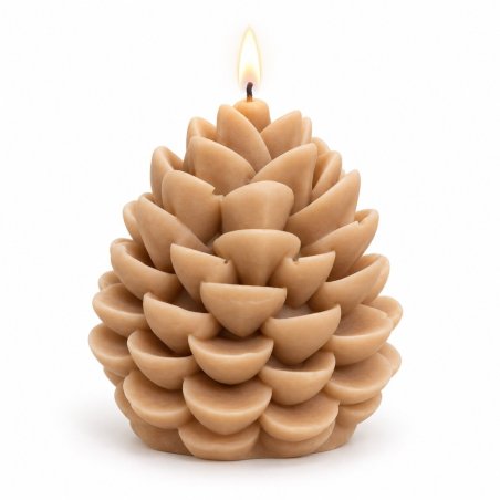 Vela encendida color caramelo con forma de suculenta sobre fondo blanco