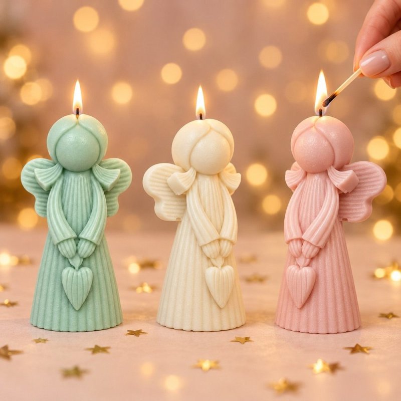 Trois bougies en forme de petite fille ange, verte, crème et rose, devant des lumières de Noël