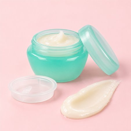 Mini pot de 5 ml vert ouvert avec couvercle sur fond pastel