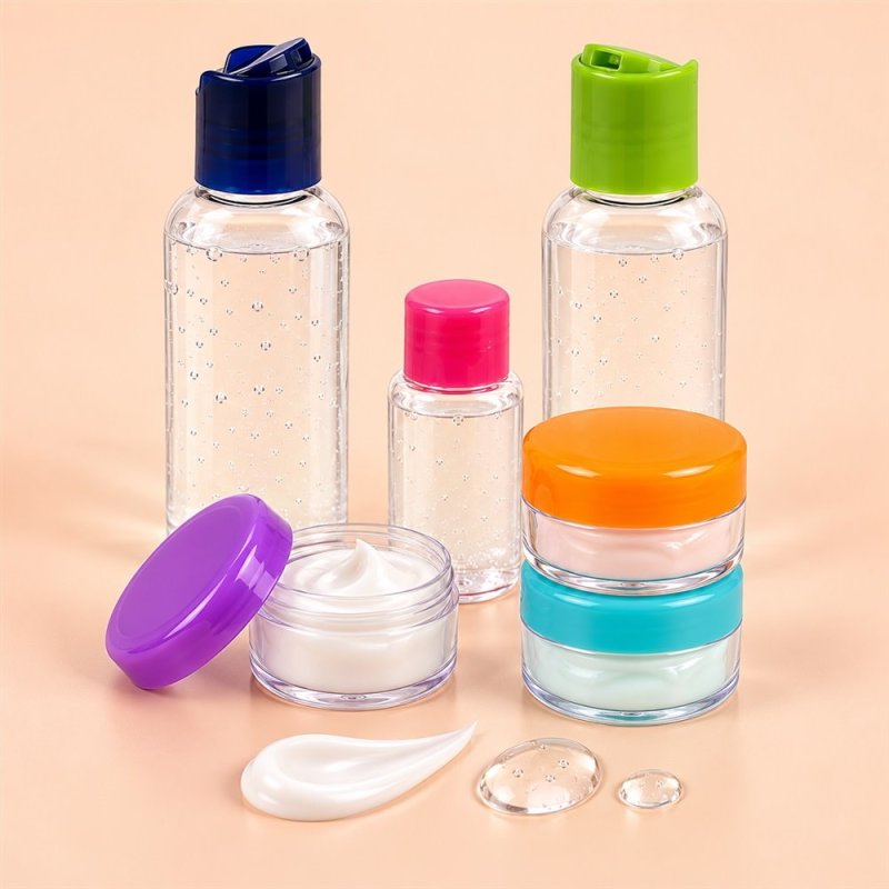 Conjunto de seis recipientes de viagem transparentes com tampas coloridas, creme e gel sobre fundo pêssego