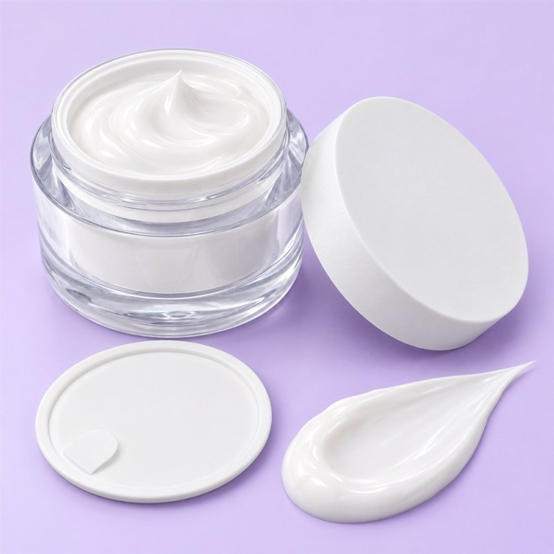 Bote 50 ml para crema spa abierto con tapa sobre fondo pastel