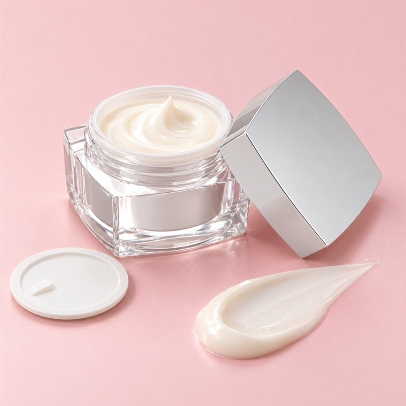 Tarro 50 ml cuadrado acrilico para crema abierto con tapa sobre fondo pastel