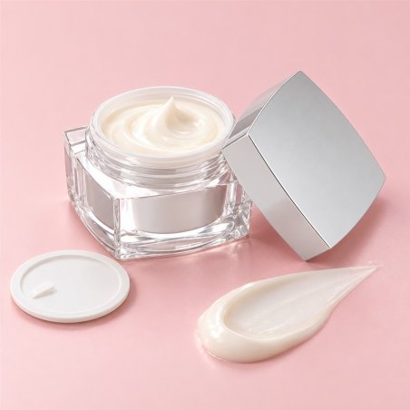 Recipiente para creme 50 ml quadrado por atacado aberto com tampa sobre fundo pastel