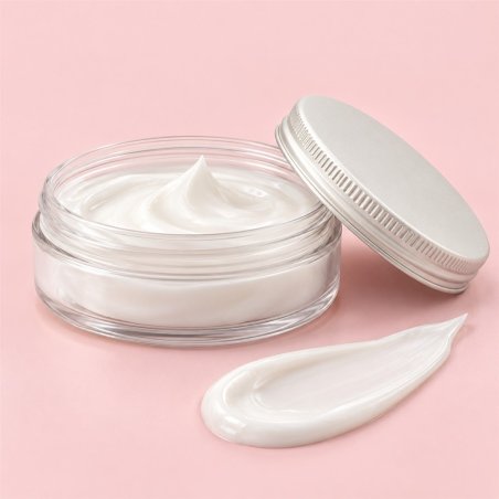 Pot transparent 50 ml couvercle en aluminium ouvert avec couvercle sur fond pastel