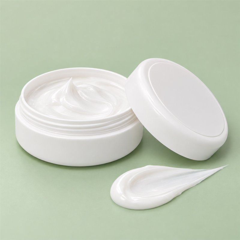 Pot blanc 50 ml ouvert avec couvercle sur fond pastel