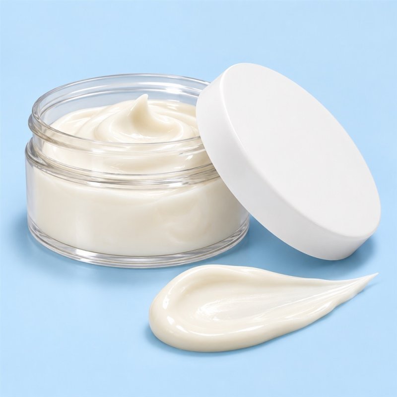 Pot transparent 100 ml couvercle blanc ouvert avec couvercle sur fond pastel