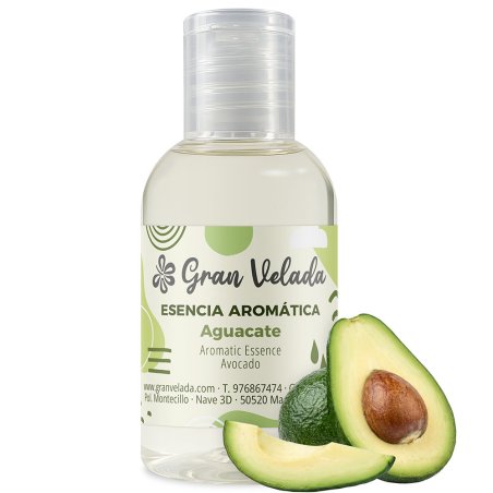 Essência aromática de abacate junto a um abacate cortado e uma fatia
