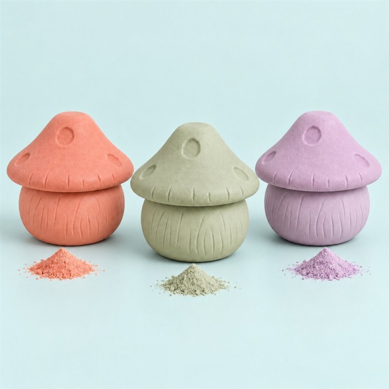 Récipients à couvercle champignon corail, vert et lilas avec des échantillons de poudre colorée