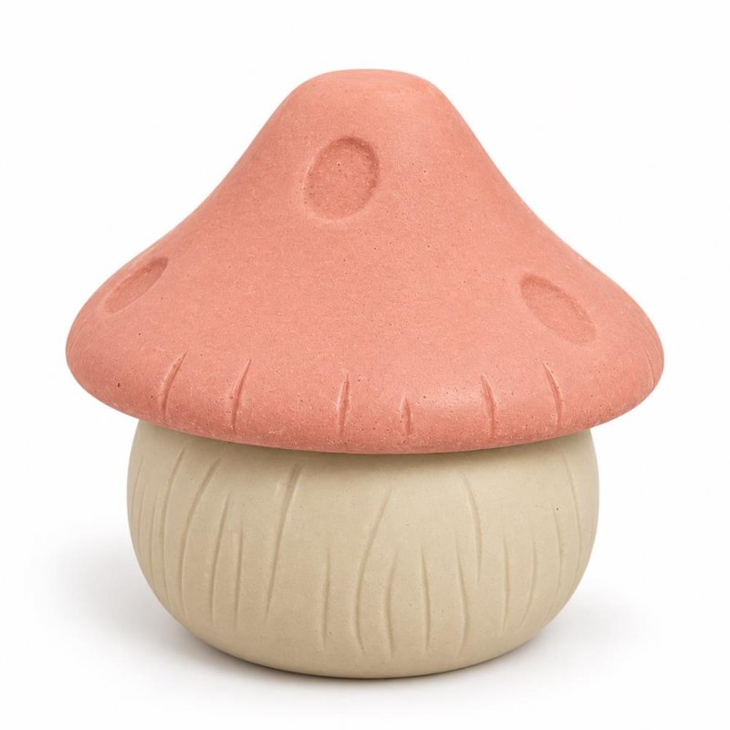 Recipiente bege com tampa coral em forma de cogumelo sobre fundo branco