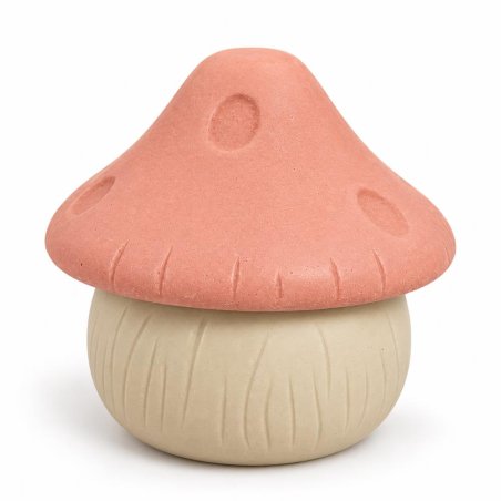 Recipiente beige con tapa coral en forma de seta sobre fondo blanco
