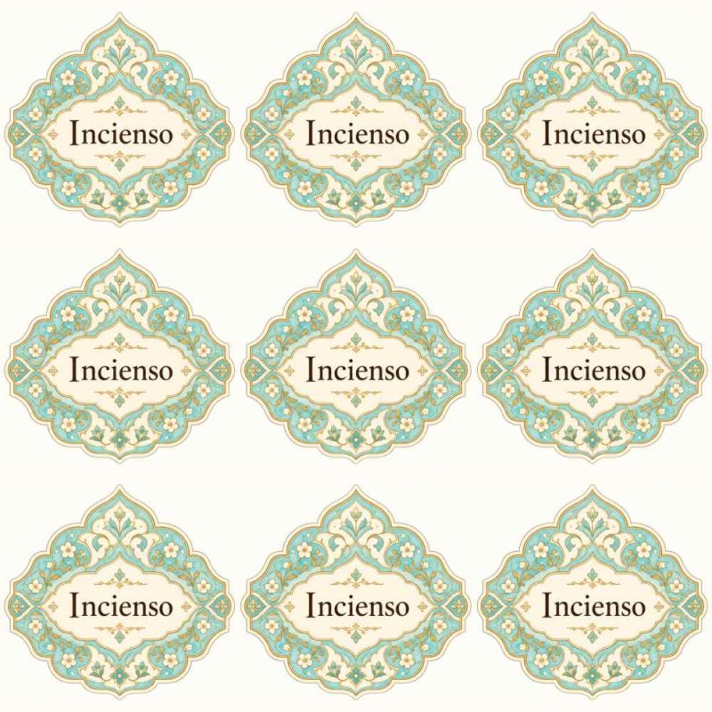 Nove autocolantes Incenso com moldura árabe turquesa e dourado sobre fundo branco