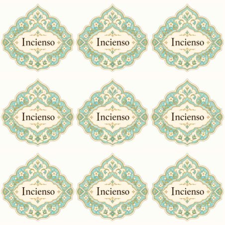 Nove autocolantes Incenso com moldura árabe turquesa e dourado sobre fundo branco
