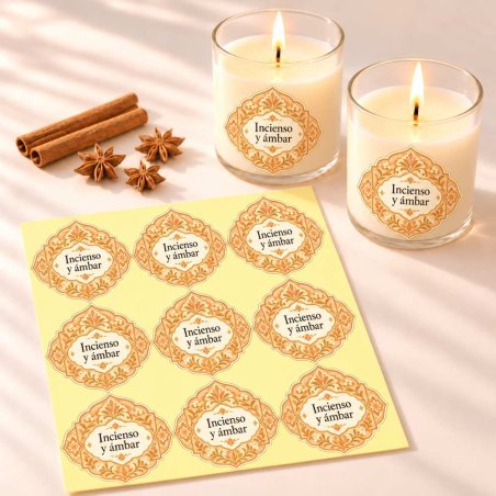 Autocolantes Incenso e âmbar de estilo árabe em velas acesas e uma folha de nove etiquetas