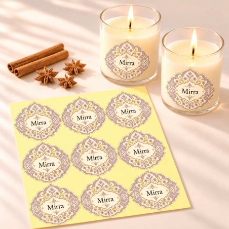 Pegatinas Mirra de estilo árabe en velas encendidas y una lámina de nueve etiquetas