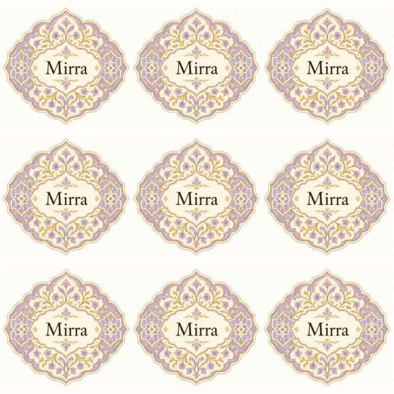 Nove autocolantes Mirra com moldura árabe lilás e dourado sobre fundo branco