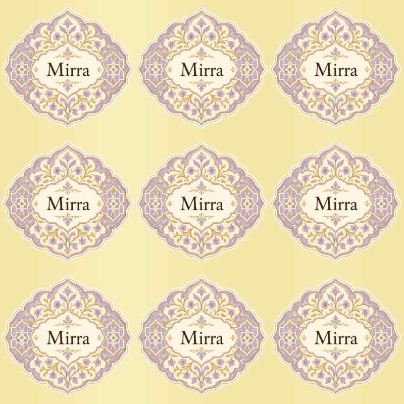 Planche de neuf autocollants Myrrhe avec cadre arabe lilas et doré sur support jaune