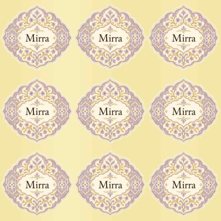 Folha de nove autocolantes Mirra com moldura árabe lilás e dourado sobre suporte amarelo
