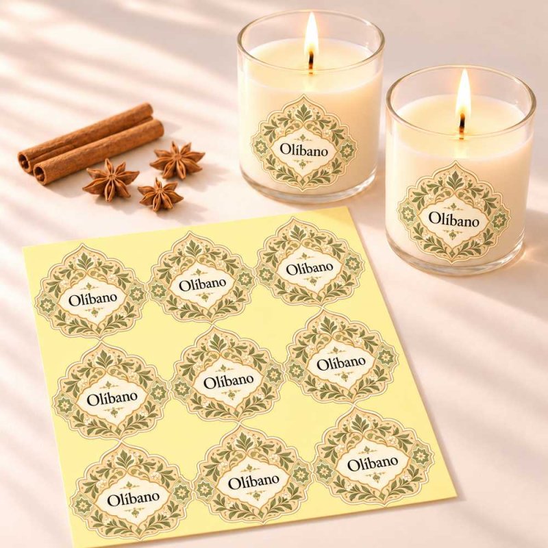 Autocolantes Olíbano de estilo árabe em velas acesas e uma folha de nove etiquetas