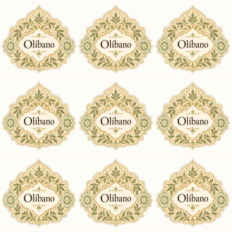 Nove autocolantes Olíbano com moldura árabe verde e dourado sobre fundo branco