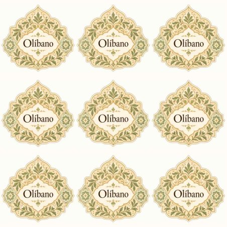 Neuf autocollants Oliban avec cadre arabe vert et doré sur fond blanc