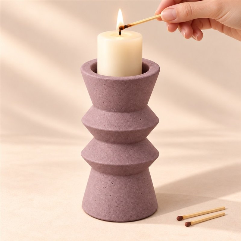 Main allumant une bougie dans un bougeoir lilas à deux anneaux
