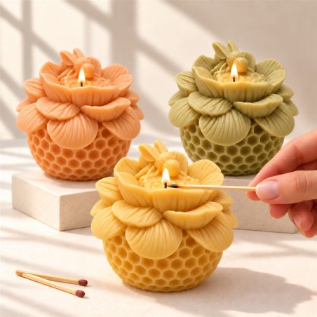 Main allumant une bougie fleur avec abeille jaune à côté de modèles orange et vert
